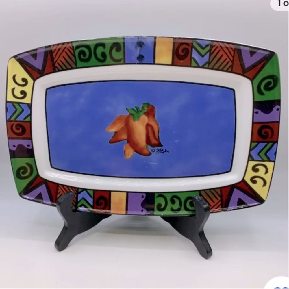 Sue Zipkin rectangular ceramic serving platter, Mosaic trim, Hot peppers 7x11”